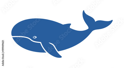 Blue whale illustration in vector style featuring sleek body lines and a prominent tail fin side view on a clean white backdrop