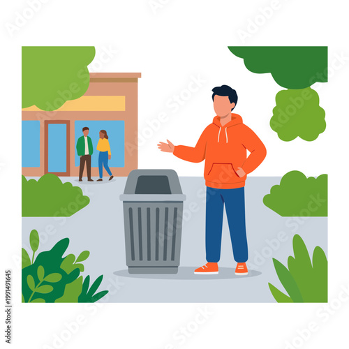 Man gesturing near trash can on sidewalk outside building with people