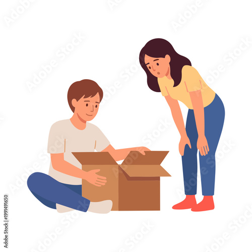 A woman helps a man unpacking a box in a room.