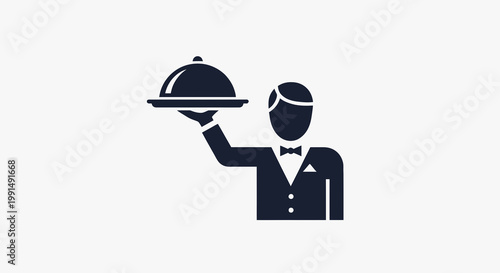 Graphic vector of waiter serving dish on tray wearing suit and bow tie in clean minimalist style on white background
