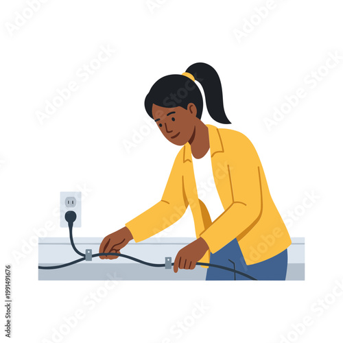 Woman plugging cord into outlet with focused expression indoors