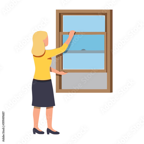 Woman Cleaning Window Pane with Squeegee Indoors at Home