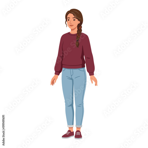 A woman with brown hair in a braid wearing a maroon sweater and jeans stands alone.