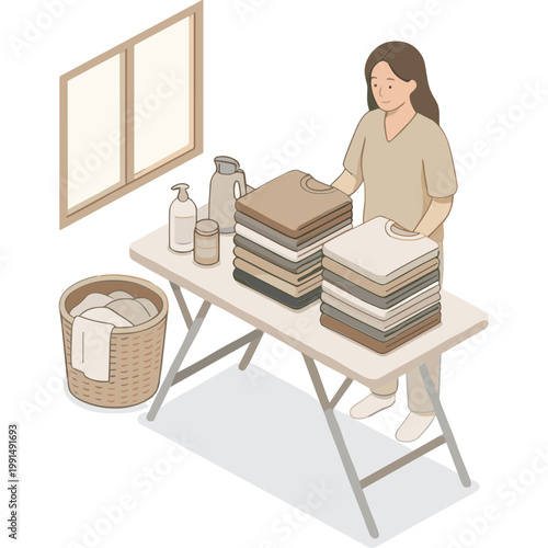 Woman folding laundry on ironing board with clean clothes and supplies