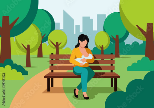 Mother Breastfeeding Baby on Park Bench Illustration - Vector Design of Public Nursing and Motherhood in the City