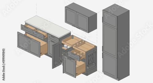 Isometric kitchen cabinet set render featuring gray cabinetry with natural wood interiors and modern hardware in exploded view for design visualization