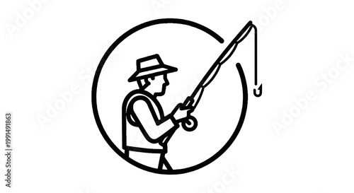 Line art drawing of a fisherman in a round frame holding a fishing rod with a hook featuring simple shapes and a clean modern style