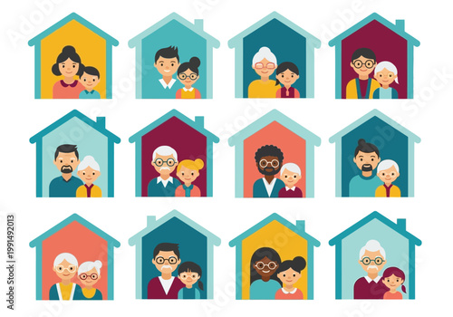 Diversity and Inclusion Vector Illustration of Families and Generations in Houses. Concepts of Community, Neighborhood, Social Care, and Real Estate Housing.