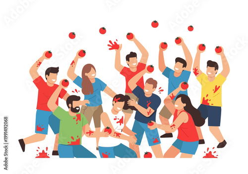 Group of people joyfully participating in a tomato throwing festival.