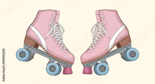 Pair of pink roller skates with blue wheels illustration vintage style footwear for recreational skating and retro fashion concept