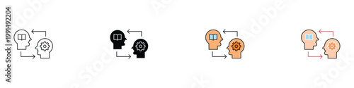 Knowledge exchange icon set. Mentoring and skill sharing symbols for education. Vector illustrations of human heads with book and gear for learning, training and brain cooperation.
