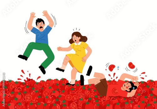 People jumping into a sea of red roses having fun.