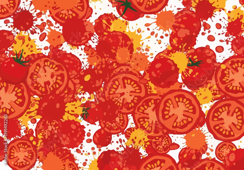 Vibrant Sliced Tomatoes and Splatters Abstract Art.
