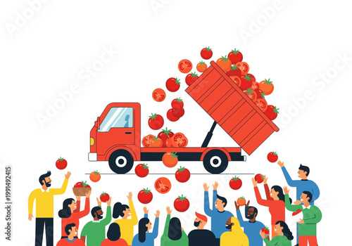People happily catching tomatoes from a dumping truck.