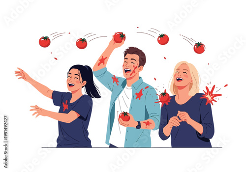 Three friends joyfully throwing tomatoes at each other in a fun outdoor activity.
