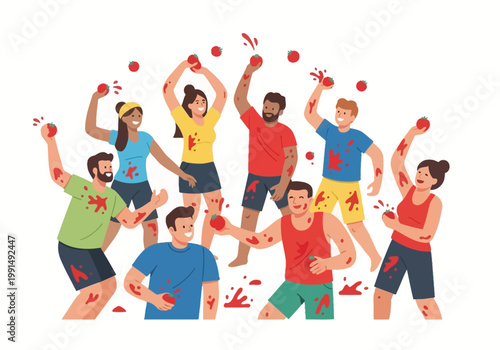 Group of diverse people joyfully participating in a tomato throwing festival.