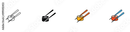 Sushi roll and chopsticks icon set. Japanese cuisine and seafood symbols for restaurant menu. Vector illustrations of maki sushi for oriental food, dining and healthy meal concept.