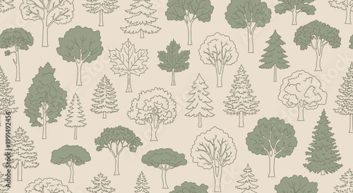 Seamless pattern featuring a variety of illustrated trees, including both deciduous and coniferous types, on a light background.