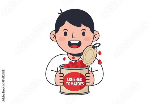 Happy Boy Holding Open Can of Crushed Tomatoes.