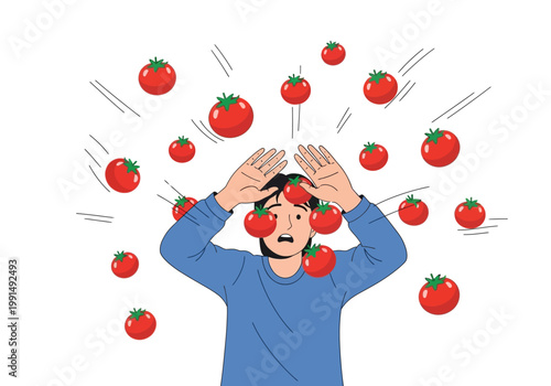 Person overwhelmed by falling tomatoes cartoon illustration.