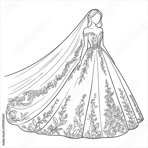 Black and white line of a bride in a floral embroidered wedding dress with a long veil
