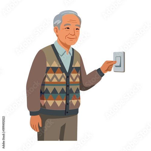 An elderly man flips a light switch in a casual setting.