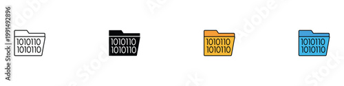 Binary data folder icon set. Digital file storage symbols for programming and computing. Vector illustrations of binary code directory for database management and software development.