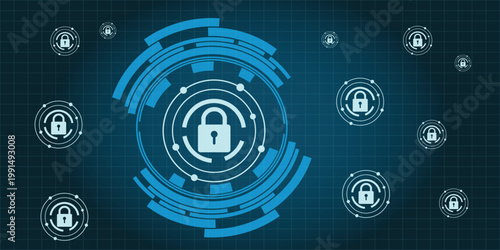 Cyber security digital protection background. Abstract network technology symbols for data safety and privacy. Vector illustration of futuristic padlock interface for information security and tech con