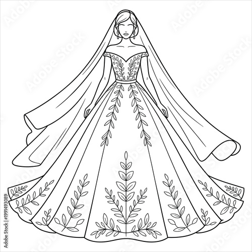 Black and white line of a bride in a leaf-patterned wedding gown