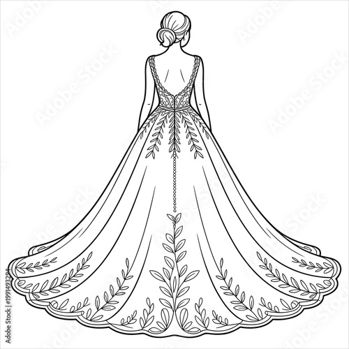 Black and white line of a bride in a leaf-patterned wedding dress