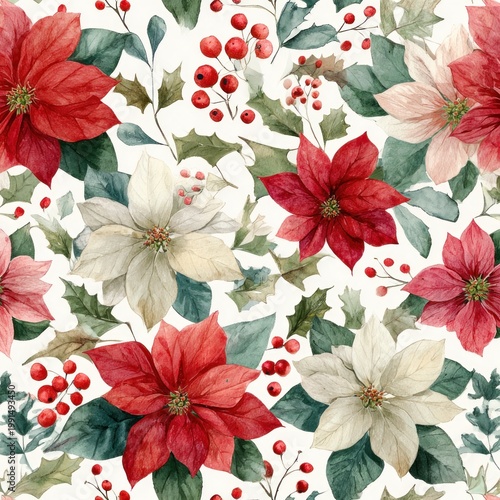 Watercolor floral pattern with poinsettias and berries for seasonal design