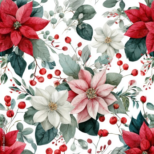 Watercolor floral pattern with poinsettia flowers and berries on white backdrop