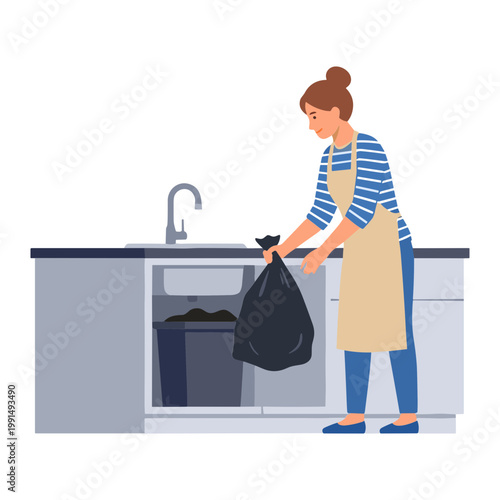 Woman throwing trash into kitchen garbage bin with recycling bag