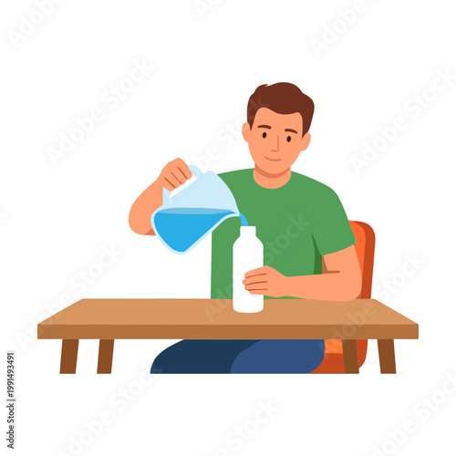 Man pouring blue liquid from beaker into bottle on table indoors