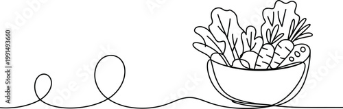 Handdrawn illustration of fresh vegetables in a bowl connected by line art