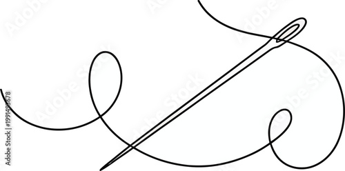 Handdrawn sewing needle with thread looping elegantly in artistic design