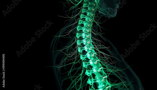 Medical illustration of human spinal column and nervous system highlighted in neon green against dark background for anatomical study use.