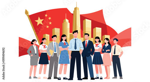 Diverse group of professionals, men and women, in business attire stand together. Behind them is a large Chinese flag and modern city skyline. Represents teamwork, success, and patriotism in China.