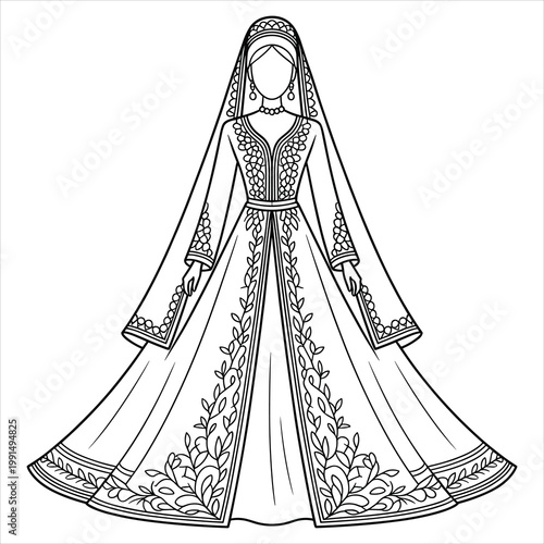 Black and white line of a traditional moroccan caftan wedding dress