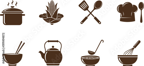 Brown Silhouette Kitchen and Cooking Utensils Icon Set with Pot Kettle Bowl and Chef Hat Vector Illustration