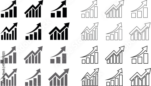 Set of growing bar chart icons with upward arrows, business growth and financial success symbols