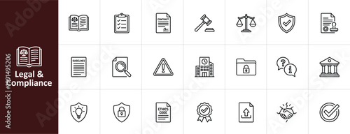 Legal and Compliance Line Icon Set - Minimalist Law, Regulatory, and Ethics Vector Illustrations