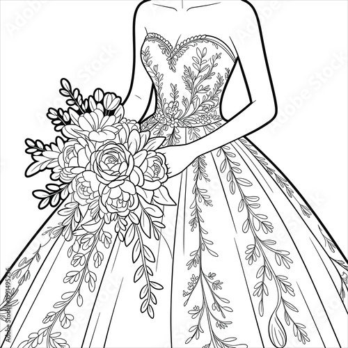 Bride in floral embroidered wedding dress holding bouquet, line