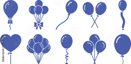 Set of blue balloon icons featuring different shapes and arrangements for party celebrations Vector, illustration