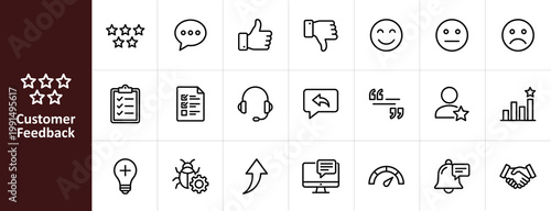 Customer Feedback and User Review Line Icon Set - Minimalist Satisfaction Survey, Testimonial, and Support Vector Illustrations