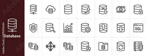 Database Management and Cloud Storage Line Icon Set - Minimalist Data Server, SQL, and Backend Infrastructure Vector Illustrations