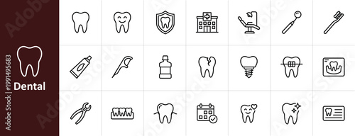 Dental Care and Oral Hygiene Line Icon Set - Minimalist Dentistry, Orthodontics, and Clinic Vector Illustrations