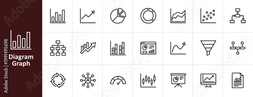 Diagram and Data Visualization Line Icon Set - Minimalist Business Analytics, Financial Charts, and Infographic Vector Illustrations