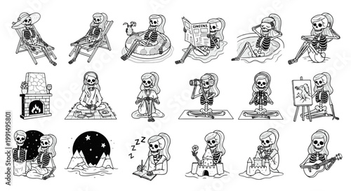 Diverse Retro Girl Skeletons Enjoying Leisure Activities Vacation and Hobbies with Whimsical Charm