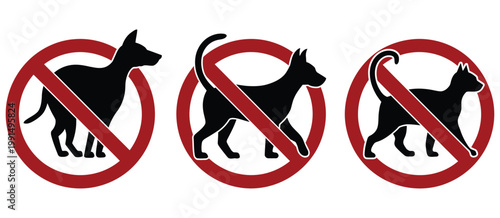 No, pets sign vector illustration, prohibited dogs and cats entry symbol, red circle ban icon, black animal silhouettes, warning notice for public and private spaces, restriction signage, flat vector 